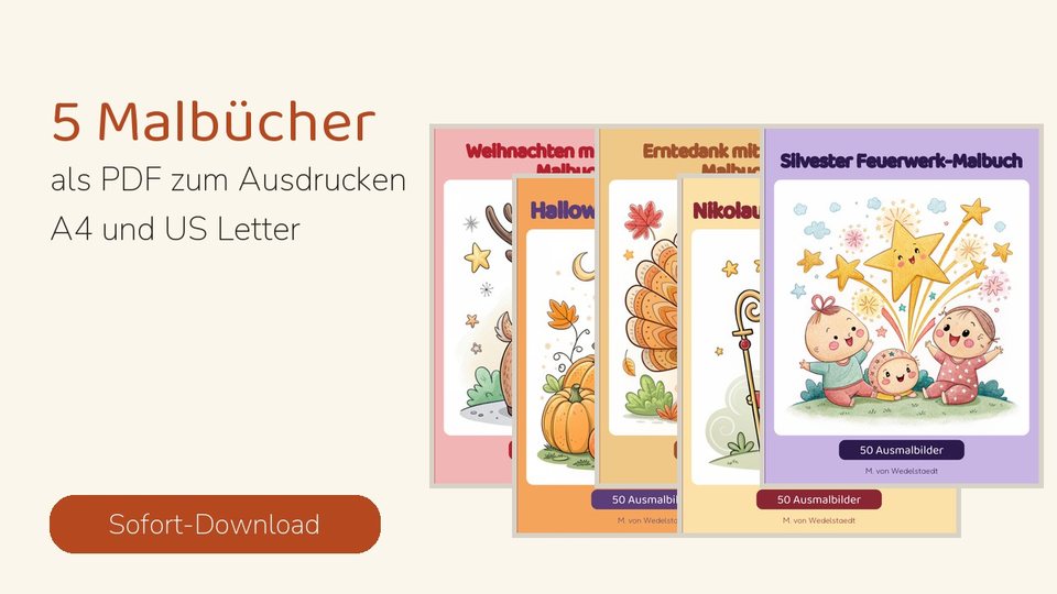 Malbuch-Paket Jahreszeiten: Halloween, Erntedank, Nikolaus, Weihnachten, Silvester