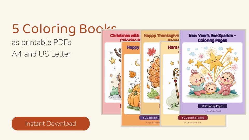 Seasonal Coloring Bundle: Halloween, Thanksgiving, St. Nicholas, Christmas, New Year